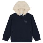 Boys Navy Blue & Beige Hooded Zip Up Top, 1, hi-res