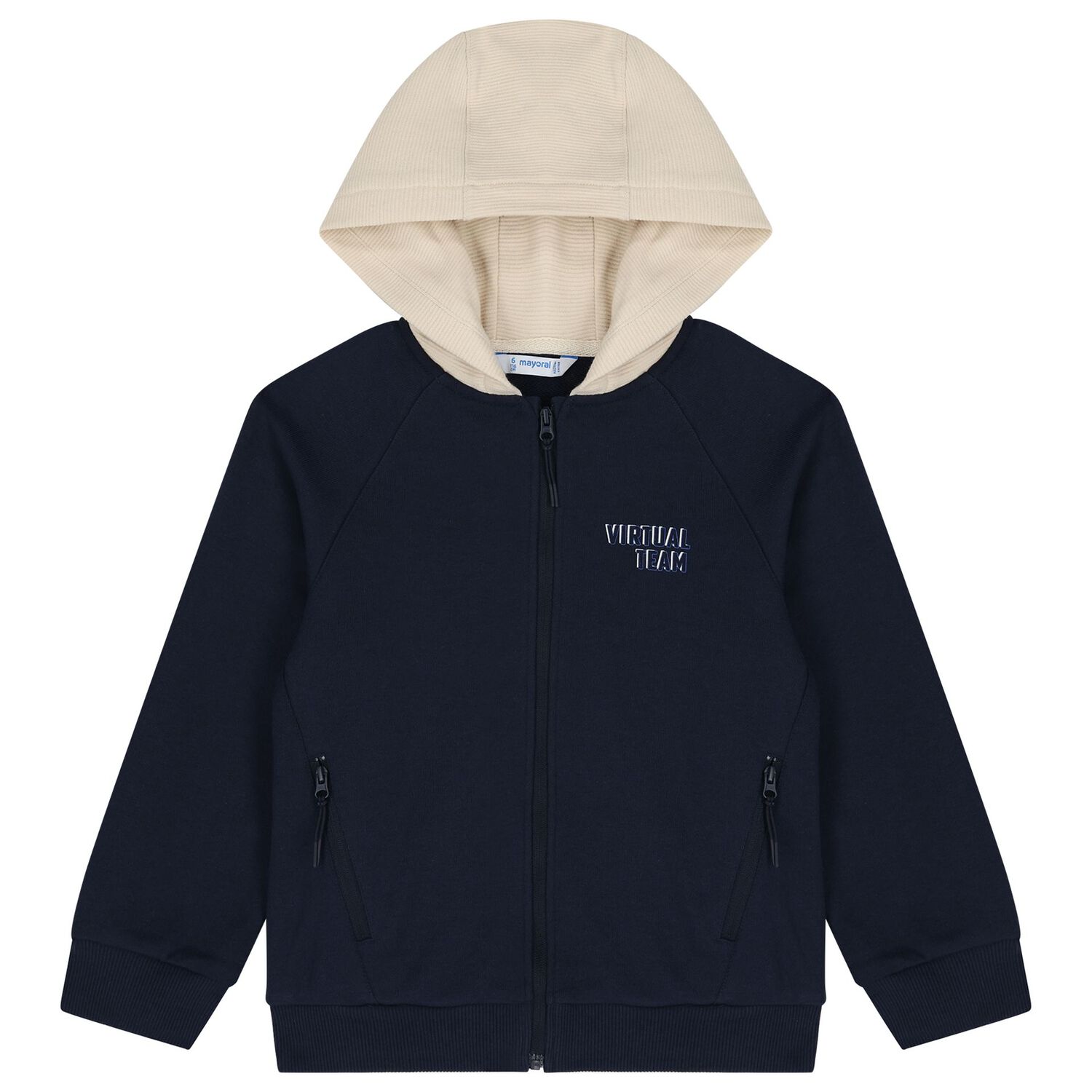 Boys Navy Blue & Beige Hooded Zip Up Top, 1, hi-res