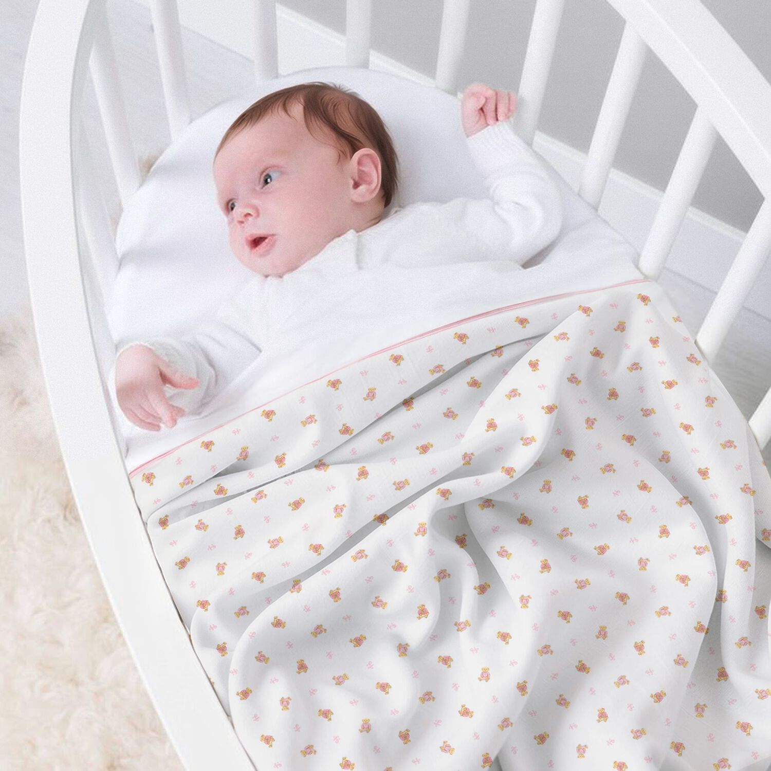 Baby Girls White & Pink Polo Bear Blanket, 1, hi-res