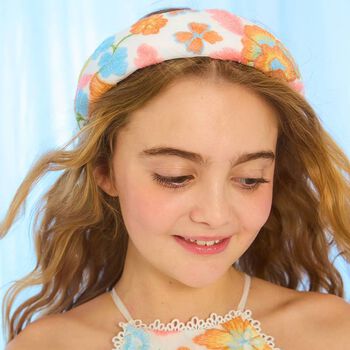 Girls White Floral Embroidered Headband 