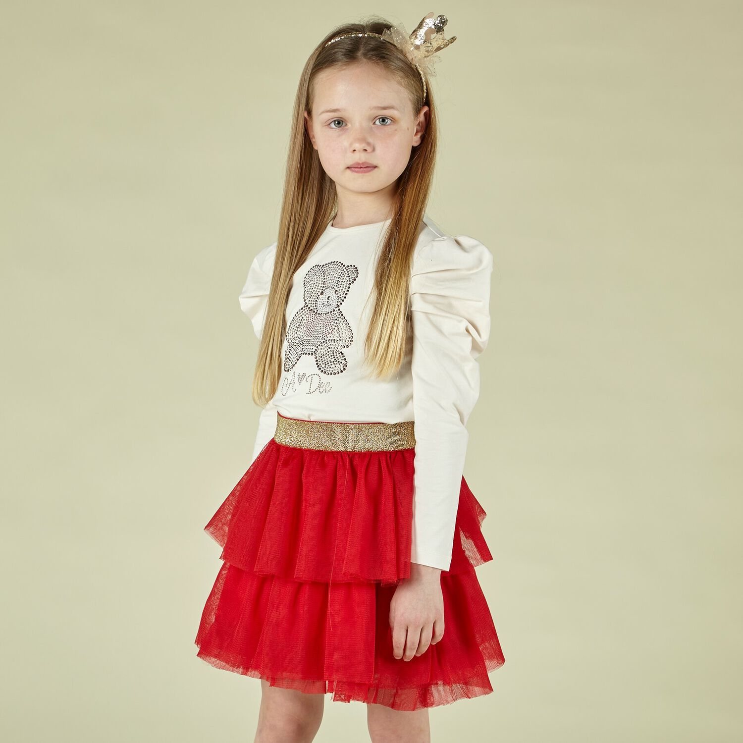 Girls Ivory & Red Teddy Skirt Set, 1, hi-res