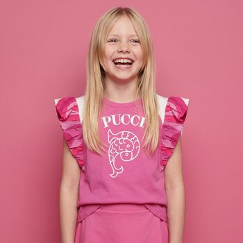 Girls Pink Logo Ruffled T-Shirt