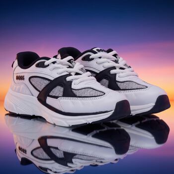 Boys White & Black Logo Leather Trainers