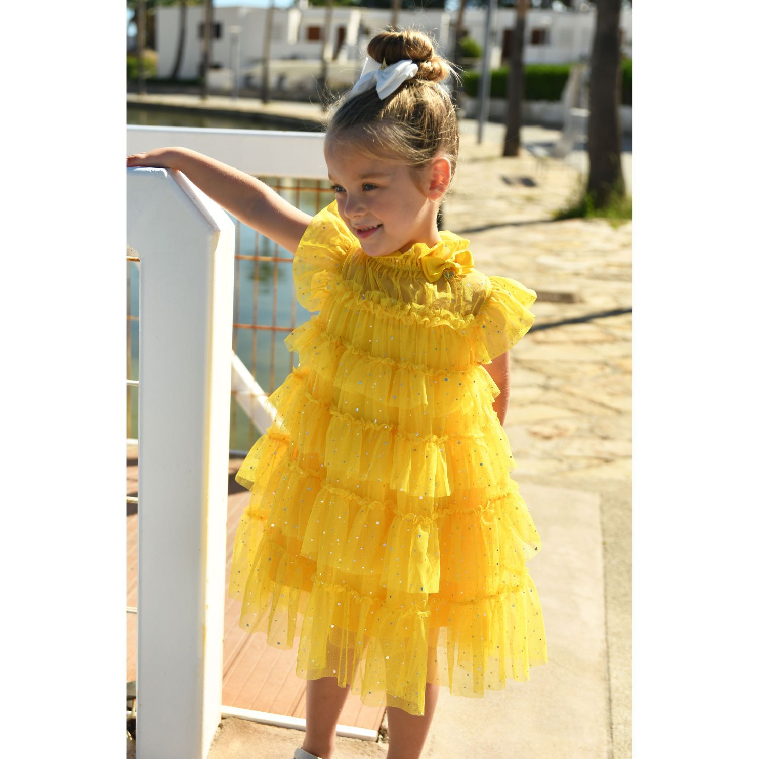 Girls Yellow Embellished Tiered Tulle Dress, 3, hi-res image number null