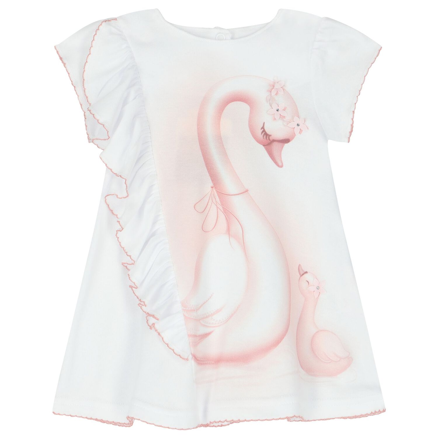 Baby Girls White & Pink Swan Dress, 1, hi-res