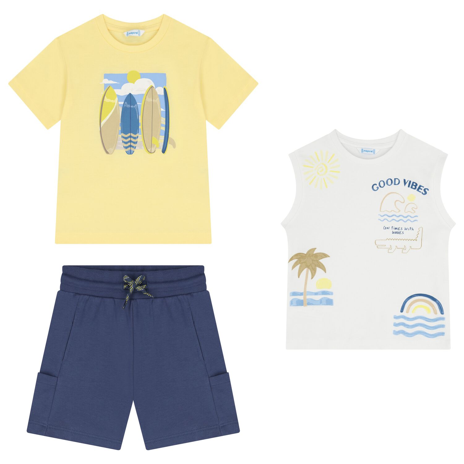 Boys Yellow & Navy Blue Surfboard Shorts Set, 2, hi-res
