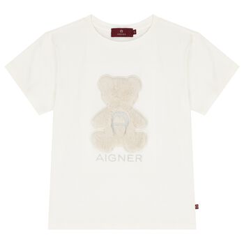 Girls Ivory Faux Fur Teddy Bear Logo T-Shirt