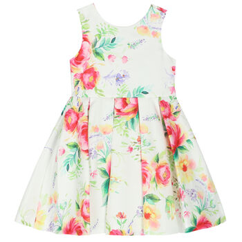 Girls Ivory Floral Satin Dress