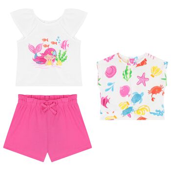 Younger Girls White & Pink Shorts Set