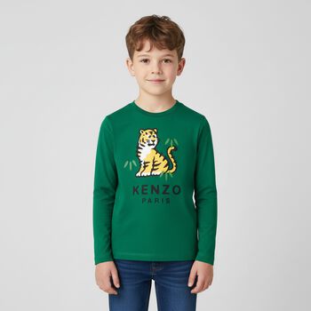 Boys Green Tiger Logo Long Sleeve Top