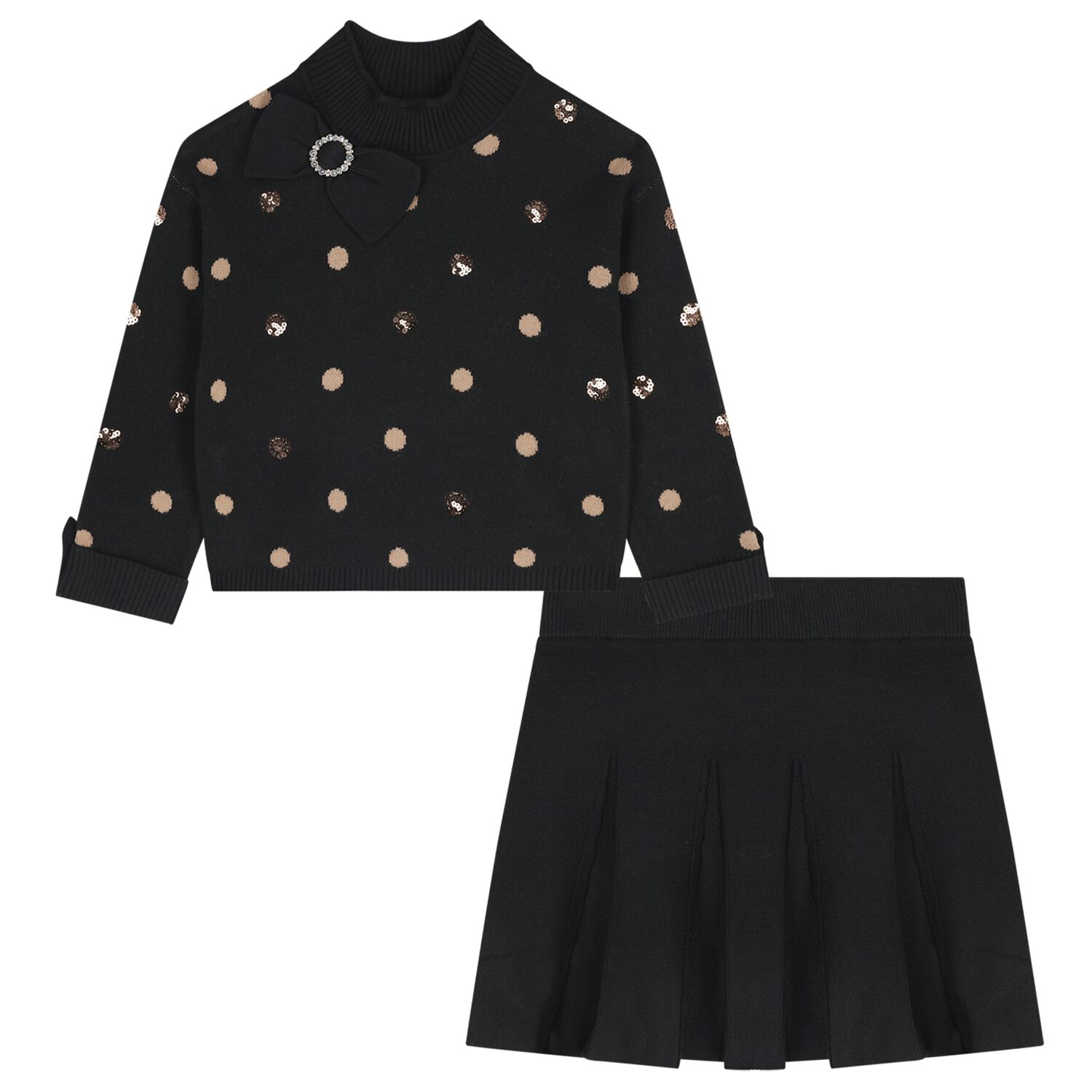 Girls Black & Beige Polka Dot Skirt Set, 1, hi-res