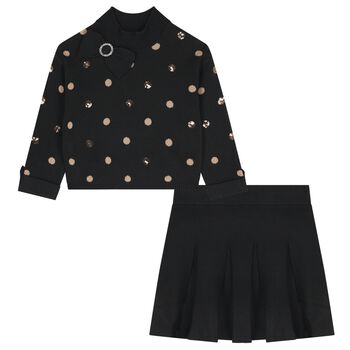 Girls Black & Beige Polka Dot Skirt Set