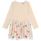 Girls Beige Bow Tulle Dress, 1, hi-res