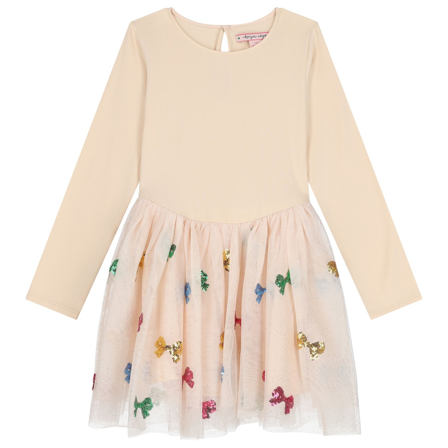 Girls Beige Bow Tulle Dress, 1, hi-res