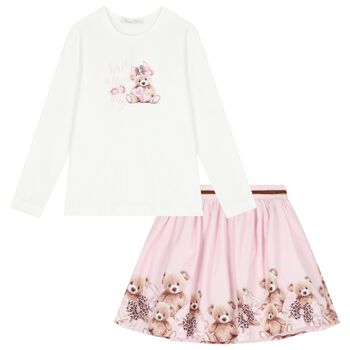 Girls White & Pink Teddy Bear Skirt Set