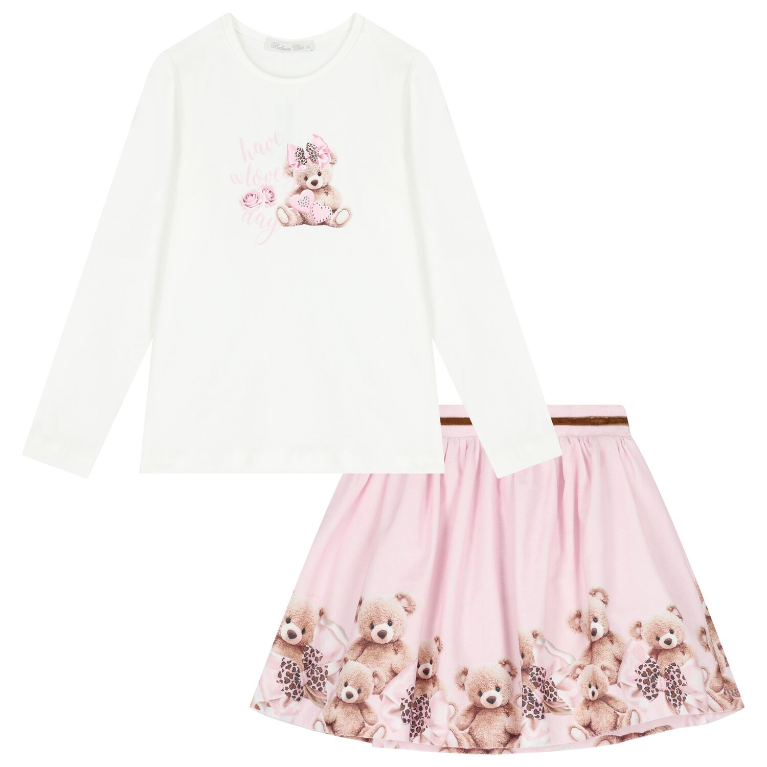 Girls White & Pink Teddy Bear Skirt Set, 1, hi-res image number null
