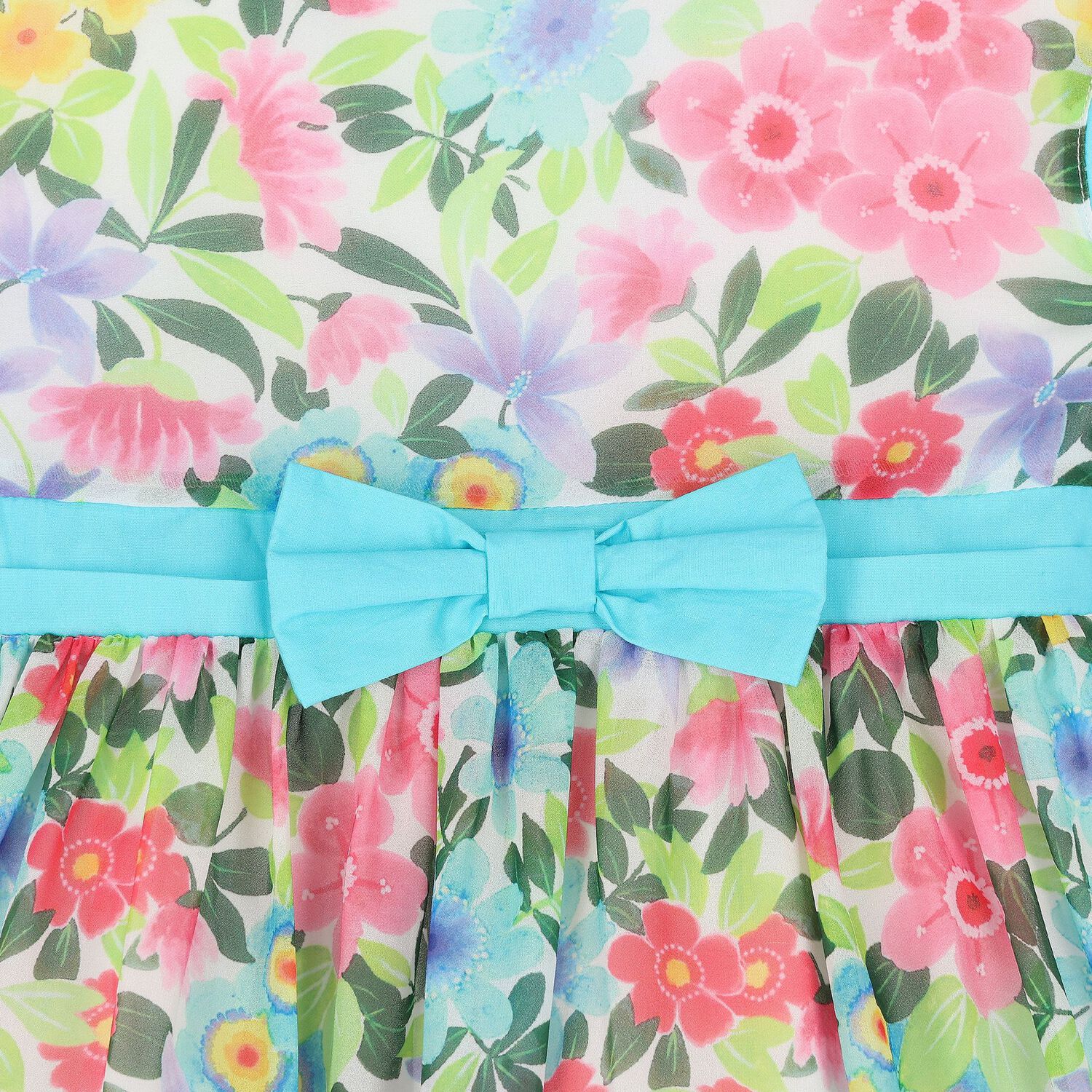 Girls White & Blue Floral Chiffon Dress, 1, hi-res