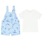Baby Boys Blue & White Dungaree & Hat Set, 2, hi-res