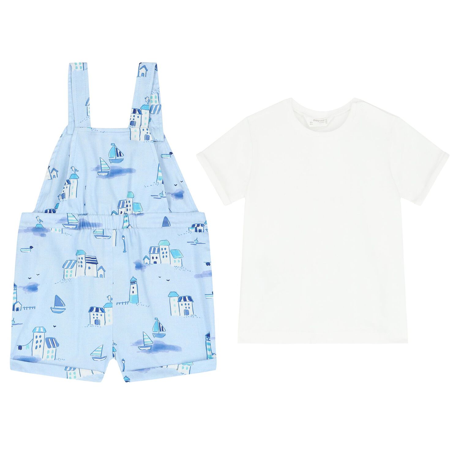 Baby Boys Blue & White Dungaree & Hat Set, 2, hi-res image number null