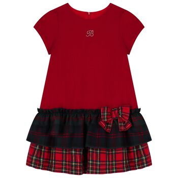 Girls Red Tartan Logo Bow Dress