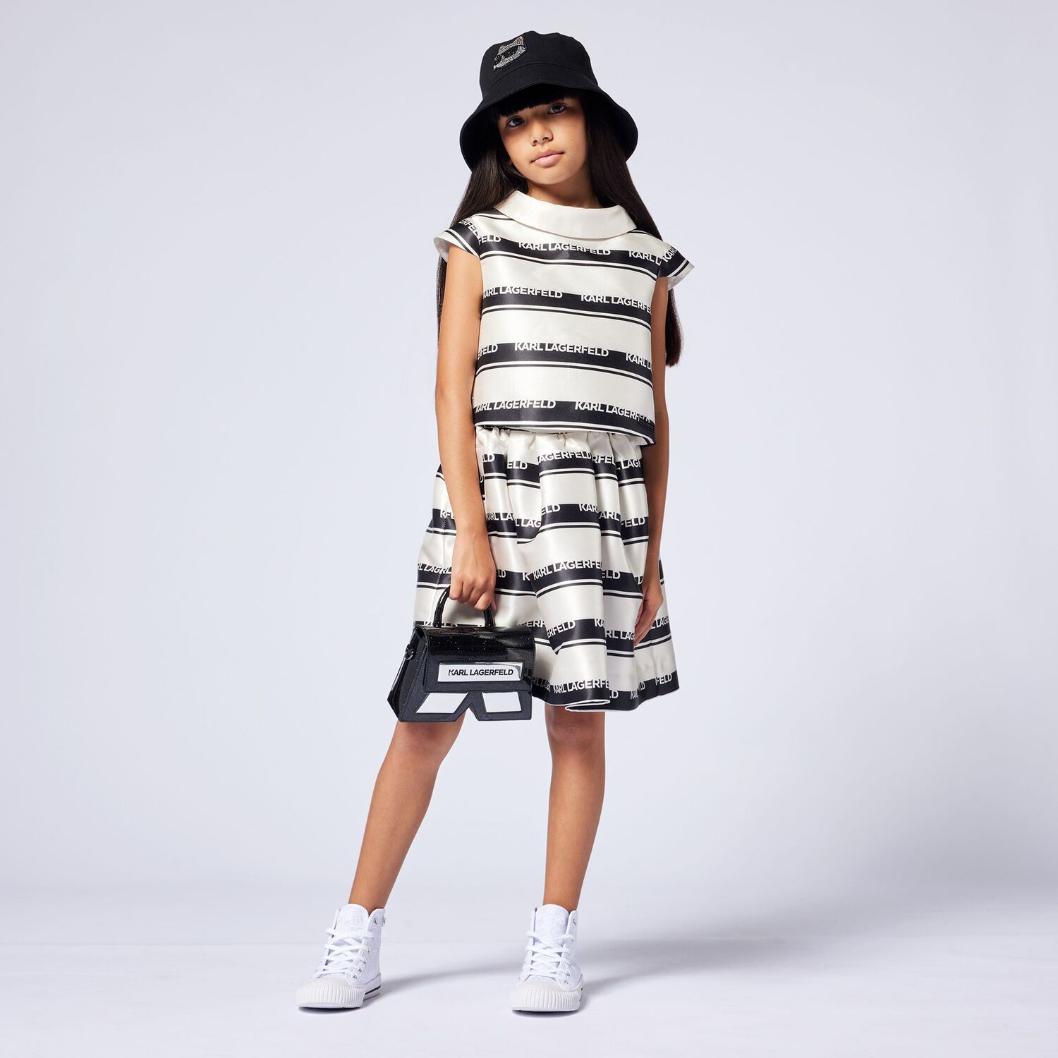 Girls Ivory & Black Striped Blouse, 1, hi-res