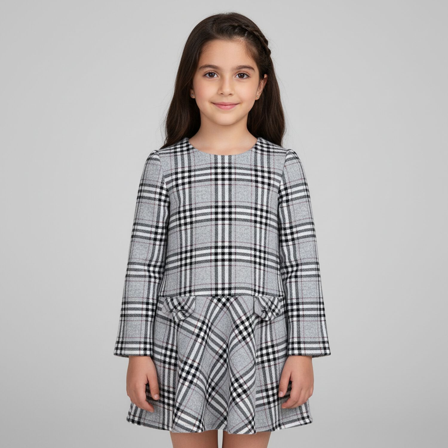 Girls Grey & Red Check Dress, 1, hi-res