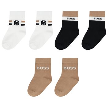 Baby Boys Beige, White & Black Logo Socks ( 3-Pack ) 