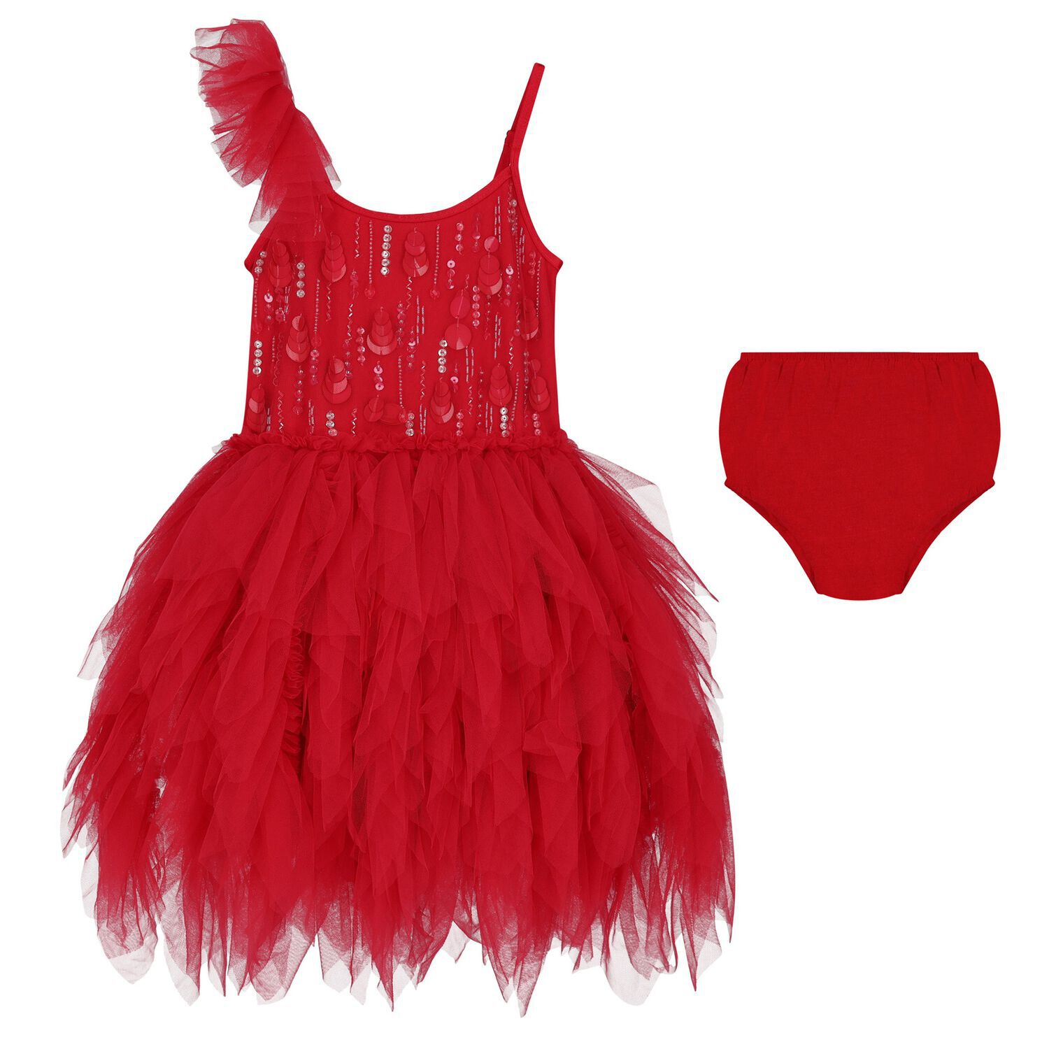 Younger Girls Red Ruffled Tulle Dress Set, 1, hi-res