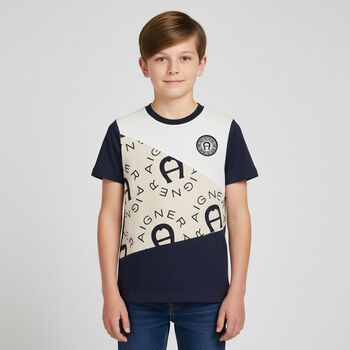 Boys Navy Blue & White Logo T-Shirt