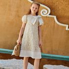 Girls Beige Bow Ruffled Tulle Dress, 1, hi-res