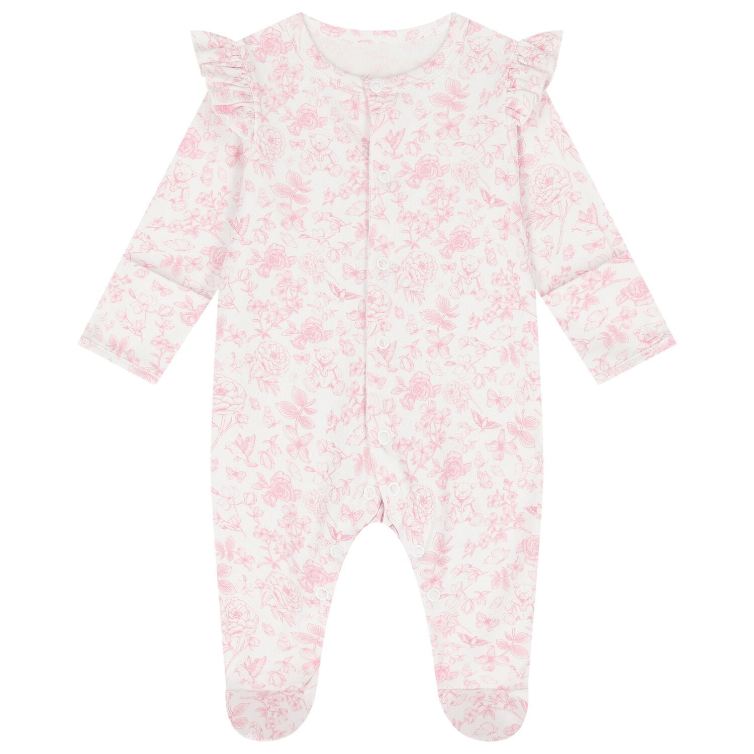 Baby Girls White & Pink Floral Babygrow, 1, hi-res