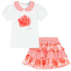 Girls White & Coral Roses Skirt Set, 1, hi-res