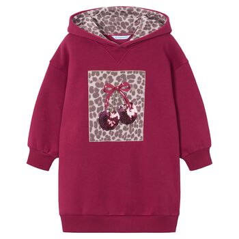 Girls Burgundy Embellished Cherry Hooded Sweatshirt Dress
