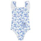 Girls White & Blue Fish Swimsuit, 1, hi-res