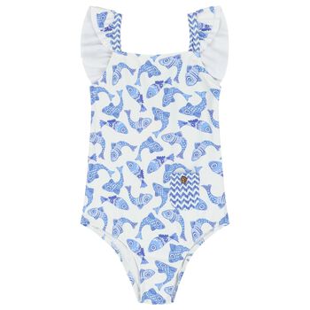 Girls White & Blue Fish Swimsuit