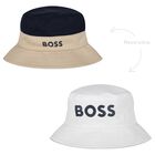 Baby Boys Beige, Navy Blue & White Logo Reversible Hat, 1, hi-res