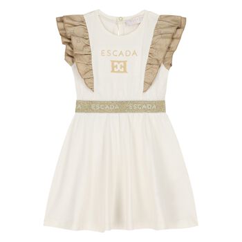 Younger Girls Ivory & Gold Logo Ruffled Dress