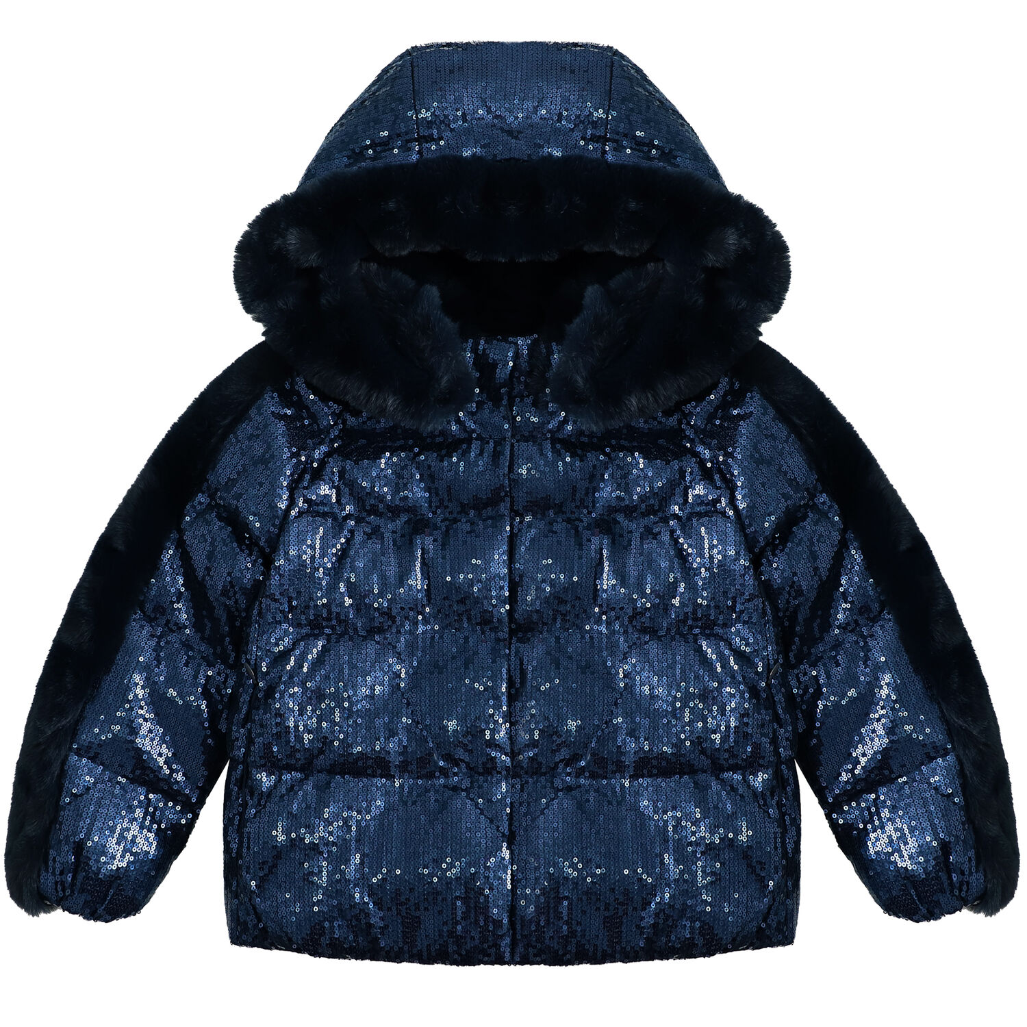 Girls Navy Sequin Hooded Jacket, 1, hi-res