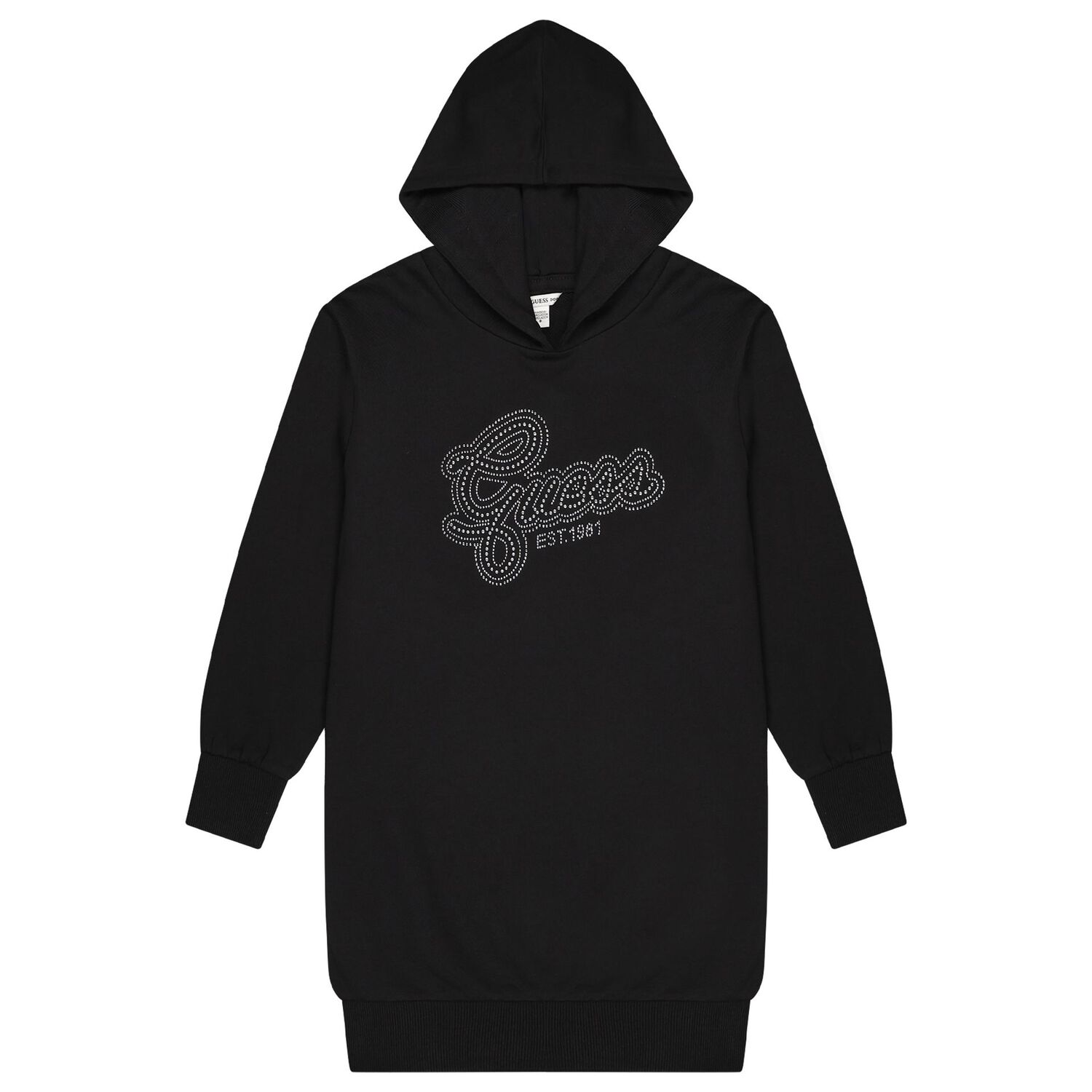 Girls Black Embellished Logo Hooded Dress, 2, hi-res