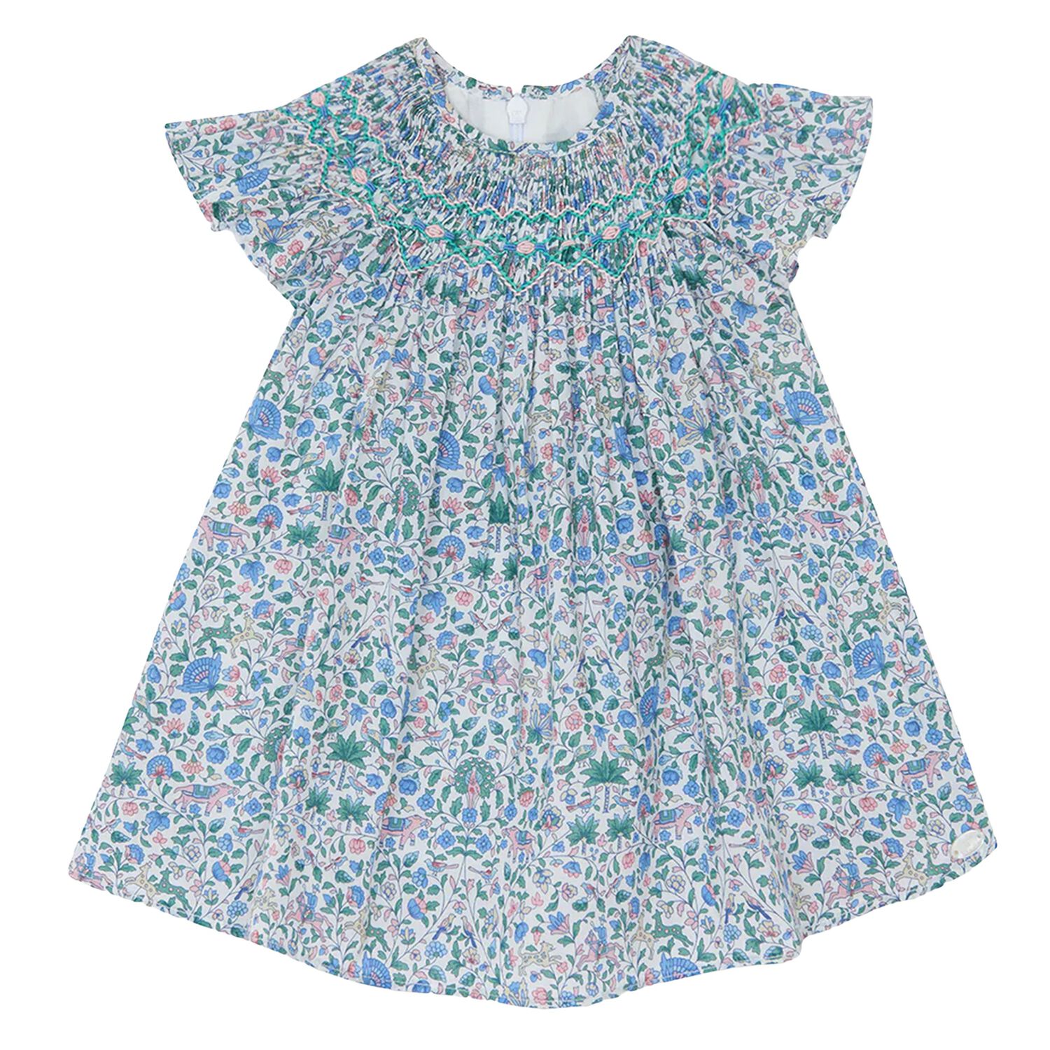 Baby Girls Blue & Green Liberty Print Dress, 1, hi-res