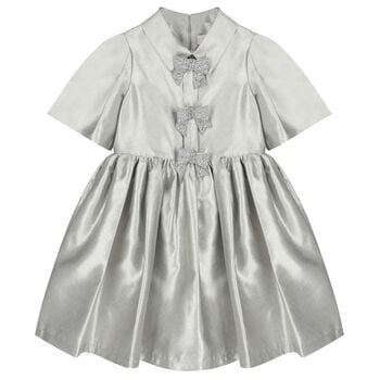 Girls Metallic Silver Glittery Bows Dress