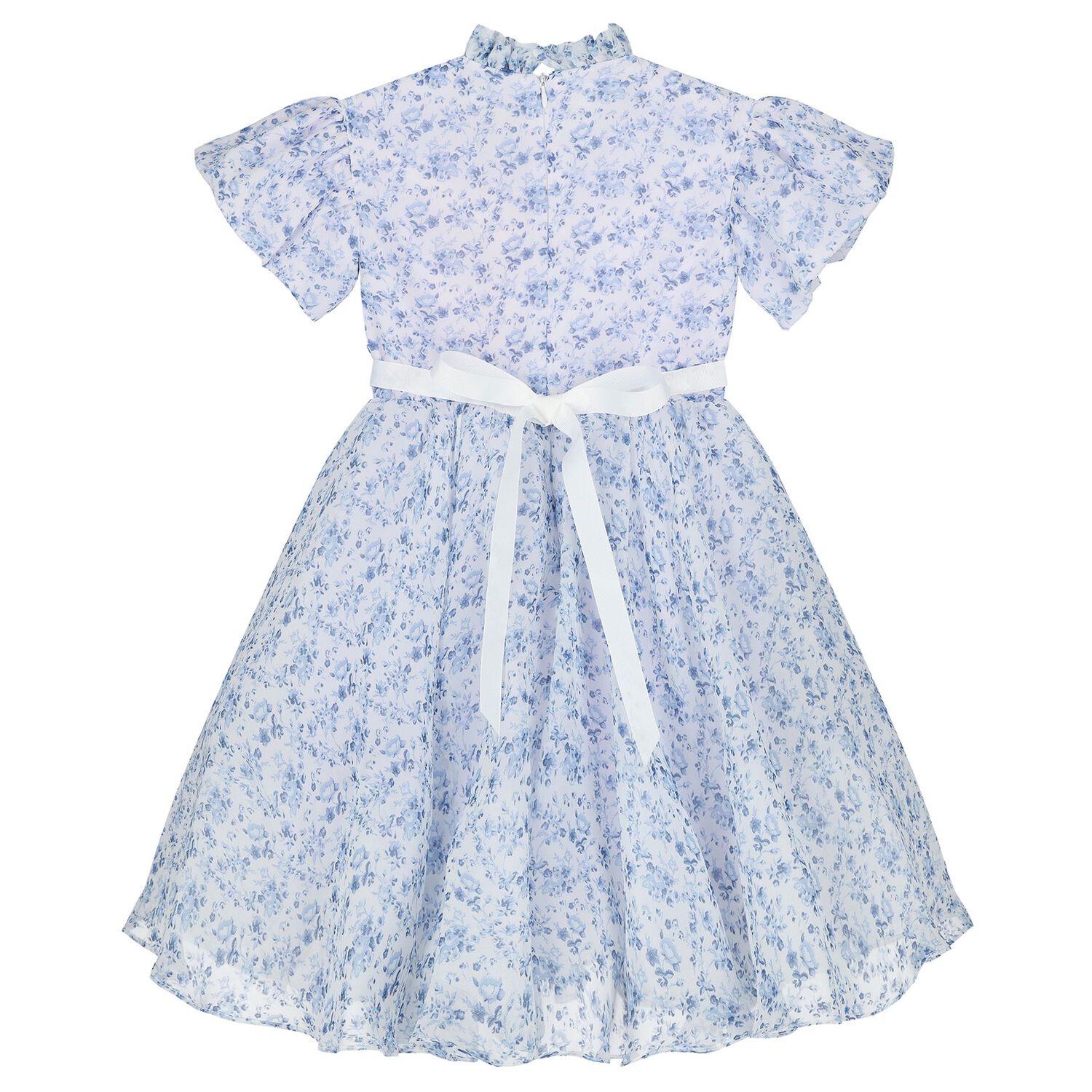 Girls Blue Floral Belted Dress, 2, hi-res