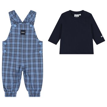 Baby Boys Blue & Navy Blue Dungaree Gift Set