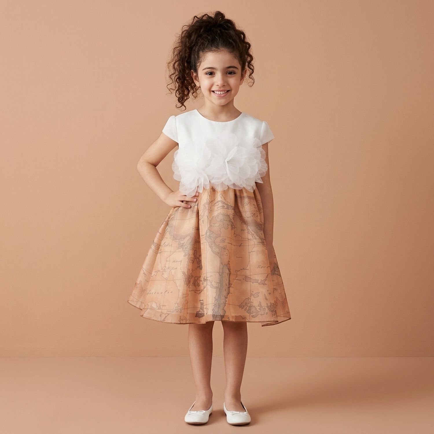 Younger Girls White & Beige Geo Map Dress, 1, hi-res