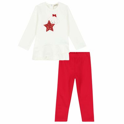 Younger Girls Ivory Top & Red Leggings Set