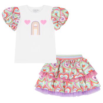 Girls Pink Cotton Sequin & Heart Skirt Set