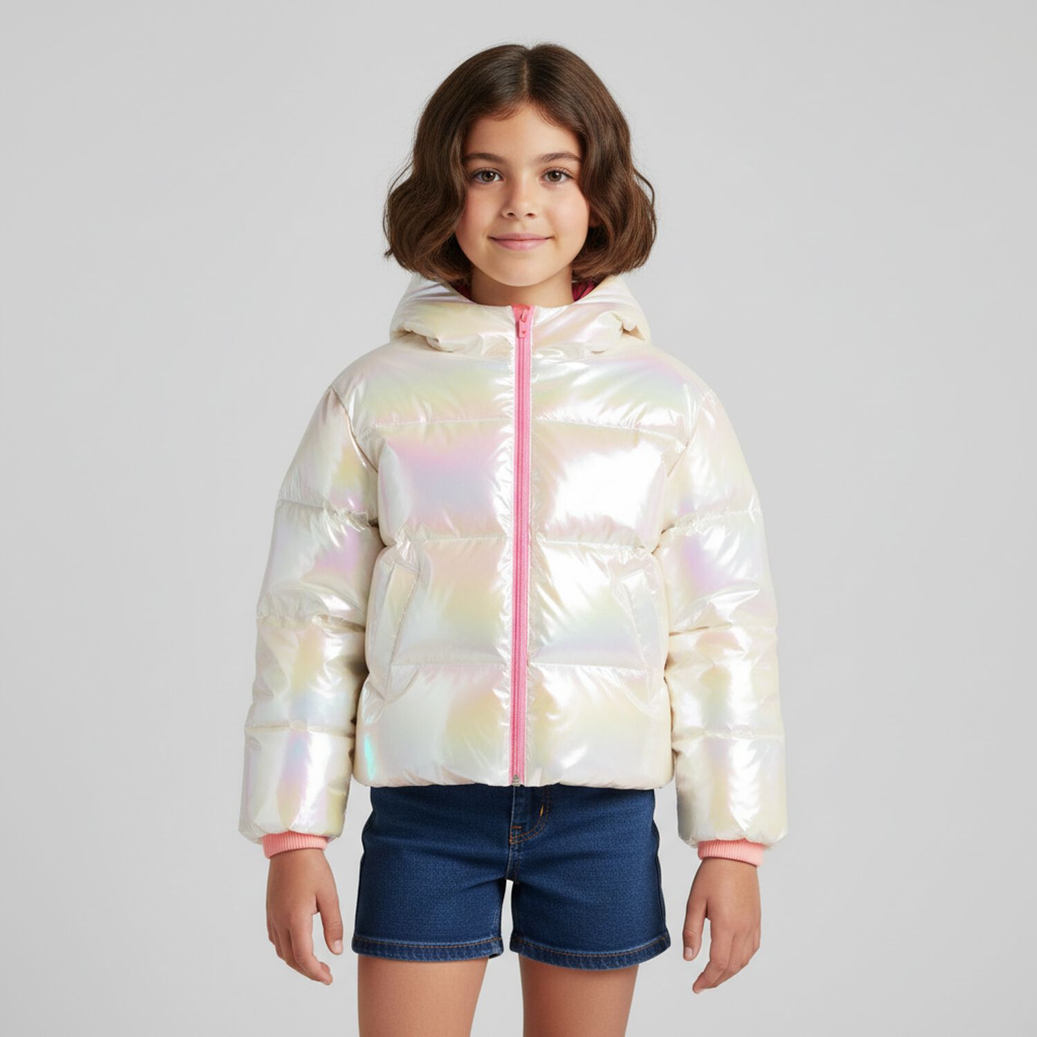 Girls Ivory Iridescent Puffer Coat, 1, hi-res