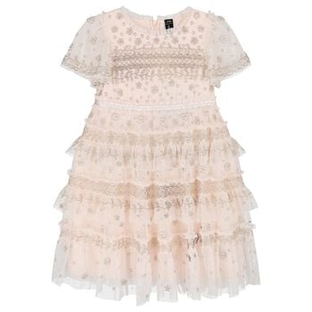Girls Pink Beaded Ruffle Tulle Dress