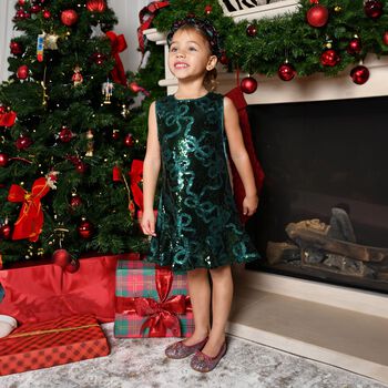 Girls Green Sequin Bow Bonita Dress