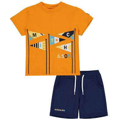 Boys Orange Navy Logo Shorts Set